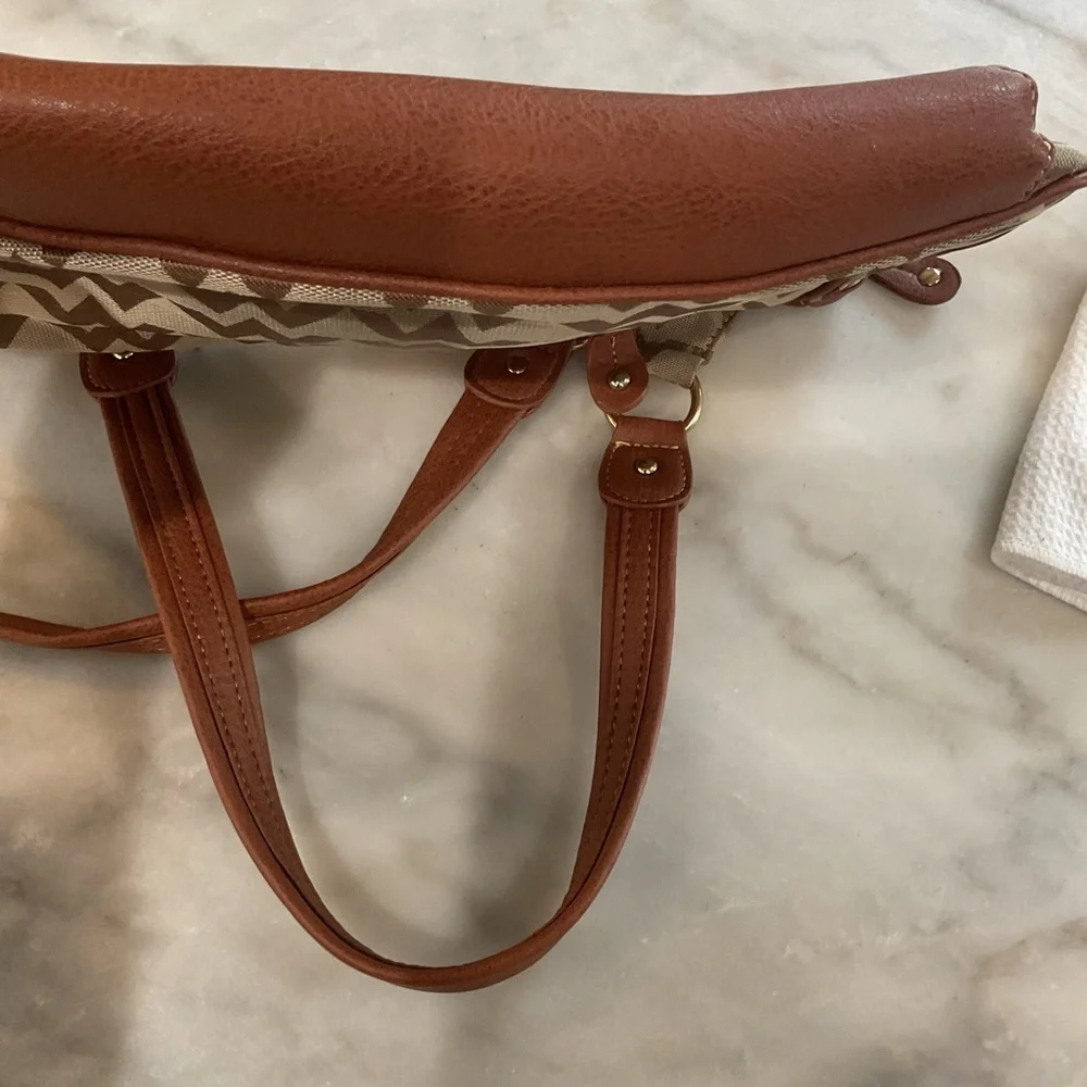 Chevron-Patterned Brown Shoulder Bag with Lock Accent